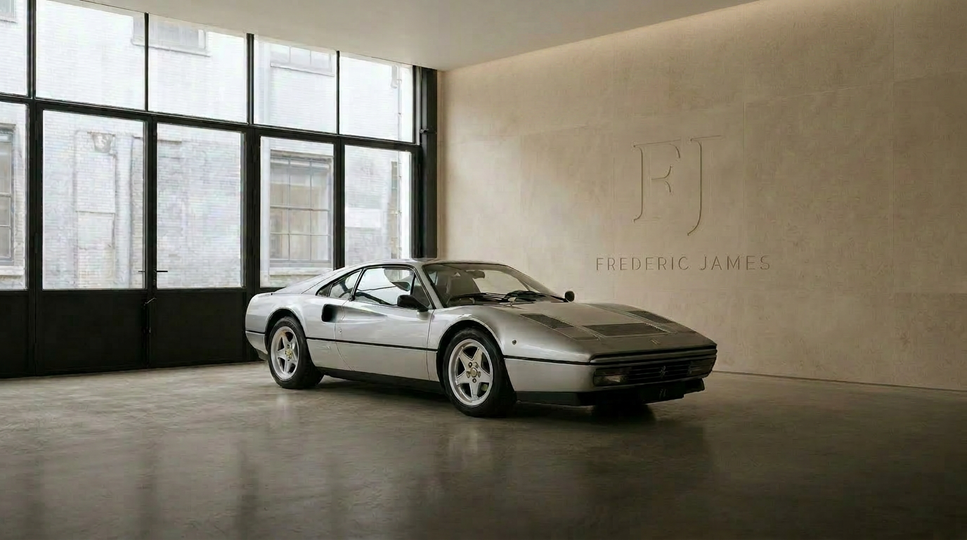 An exceptional silver supercar in the Frederic James private showroom, with the FJ monogram on the wall behind